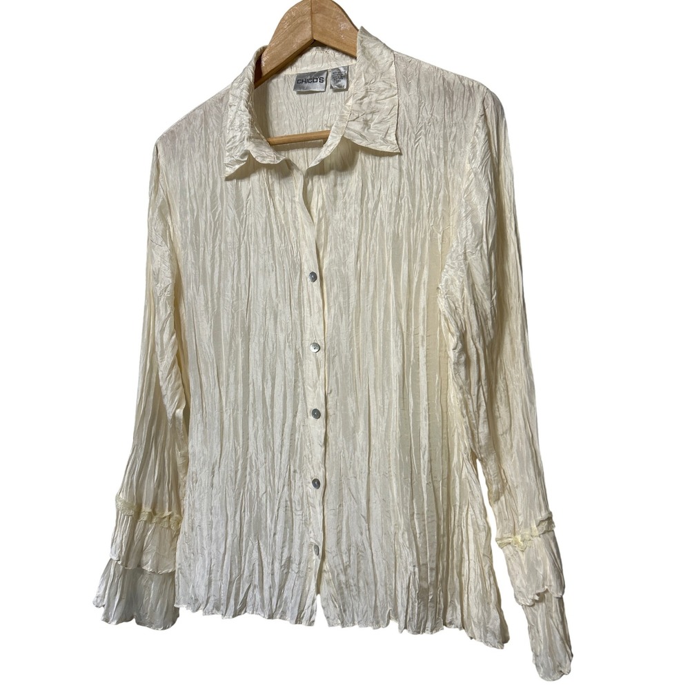 Chicos Vtg‎ Crinkle Silk Ruffle Sleeve Button Up Shirt Chico's Size 1 (Sz 8) NWT